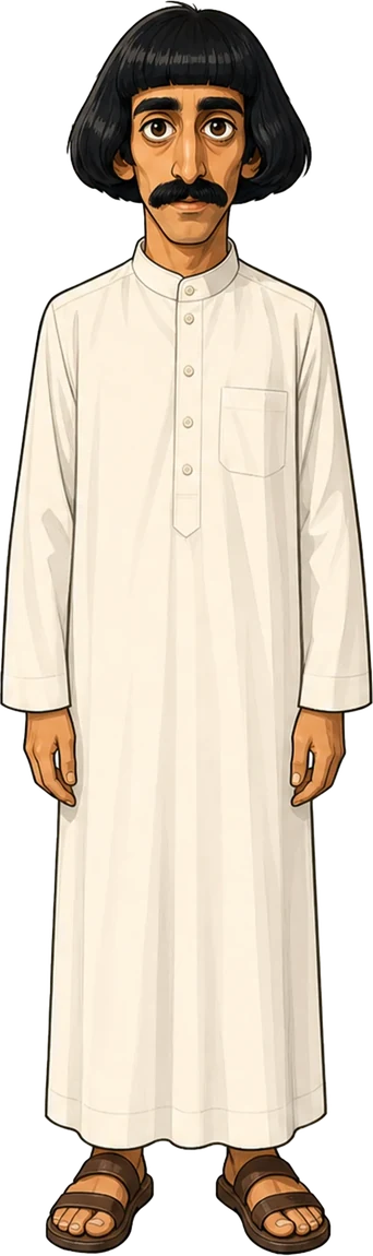 Cartoon Abu Shalab: bowl cut, big moustache, white thobe, sandals