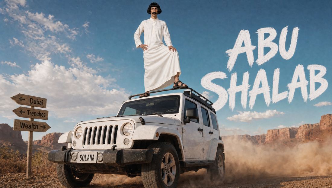 Photo of Abu Shalab standing on a white jeep in the desert